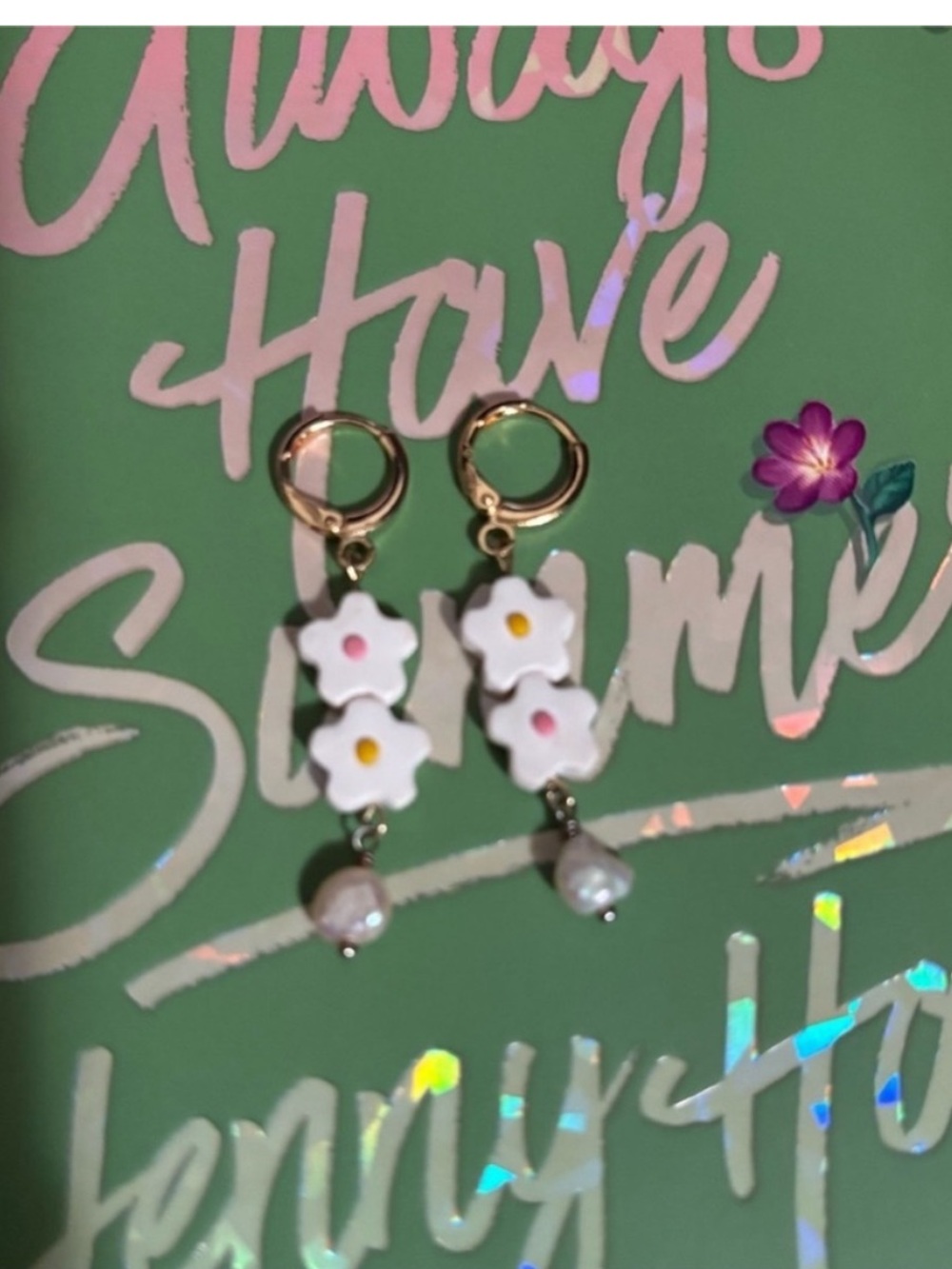 White Flower Drop Earrings with Pearl Accent